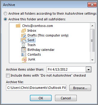 The Archive window: archive this folder and its subfolders, the date to archive items older than, and the archive file