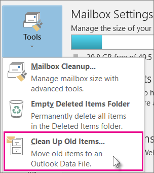 The Tools menu in Mailbox Settings, with Clean Up Old Items highlighted
