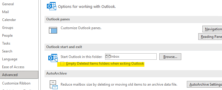 Outlook Options, Advanced: "Empty Deleted Items folders when exiting Outlook" under Outlook start and exit