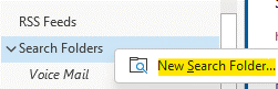 The Search Folders menu in the Outlook folder list, with New Search Folder highlighted