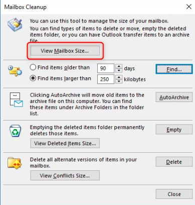 The Mailbox Cleanup window, with the View Mailbox Size button highlighted