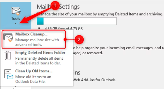 Mailbox Settings in Outlook: the Tools menu open, with Mailbox Cleanup highlighted