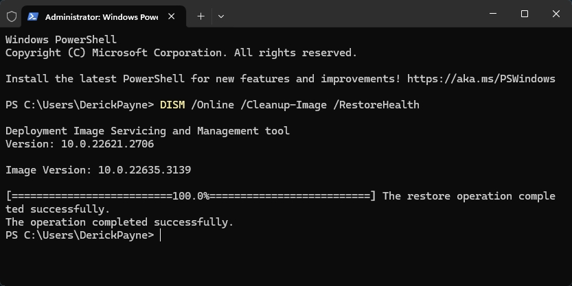 Dism command in windows 11 terminal