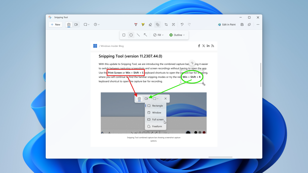 Snipping tool window open with the new shapes toolbar active